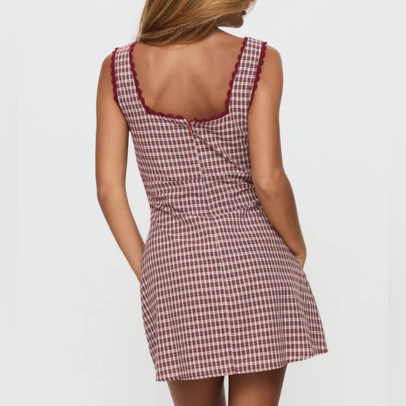 Princess Polly 🍅 Dasha Square Neck Mini Dress in Burgundy Red Check - NWT - Picture 4 of 10